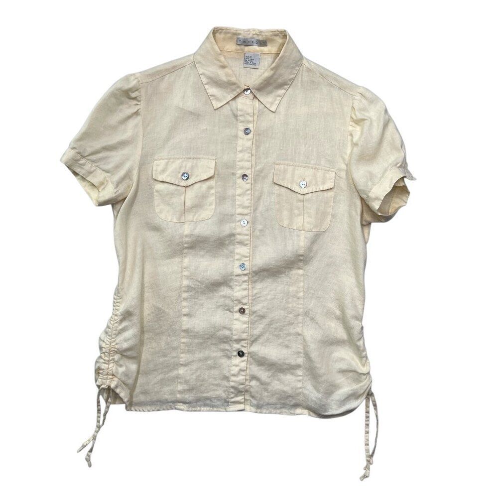 Tweeds Women's Size Small Yellow Linen Short Sleeve Button‎ Up Shirt